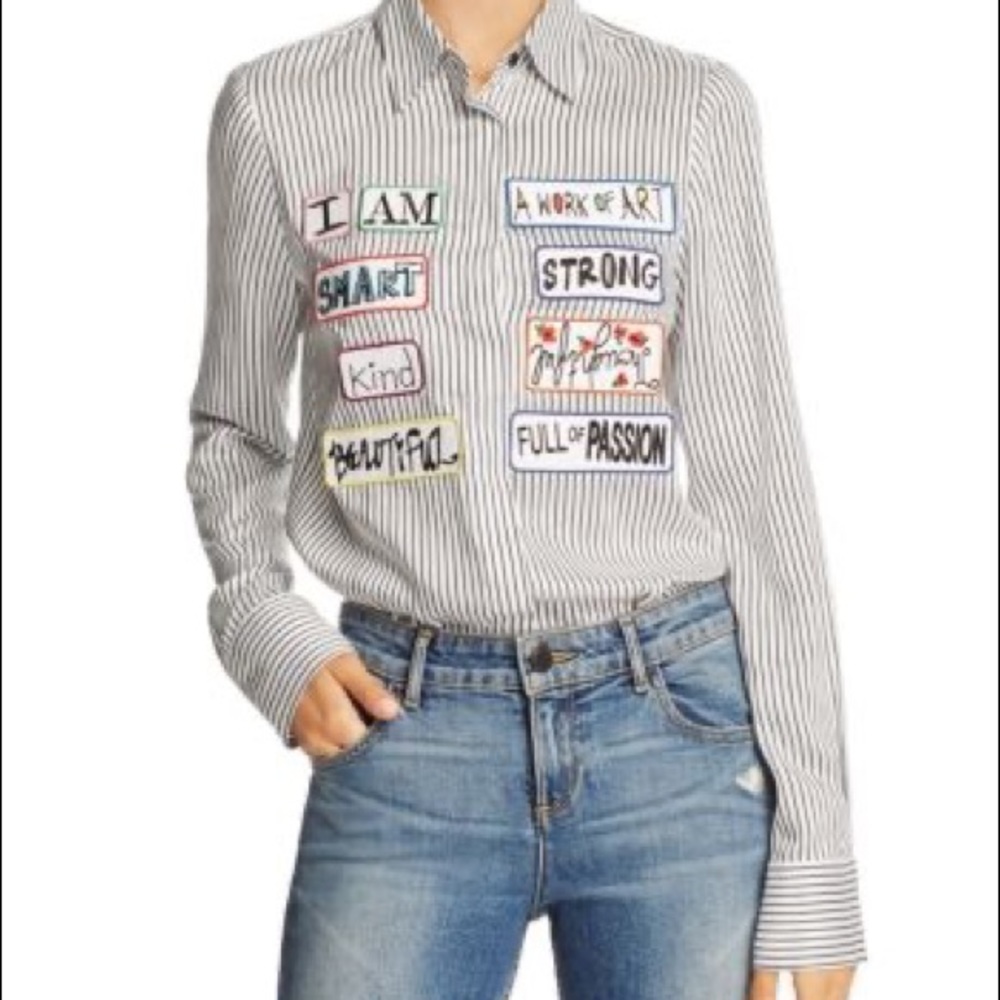 Alice Olivia slogan patch button shirt S new